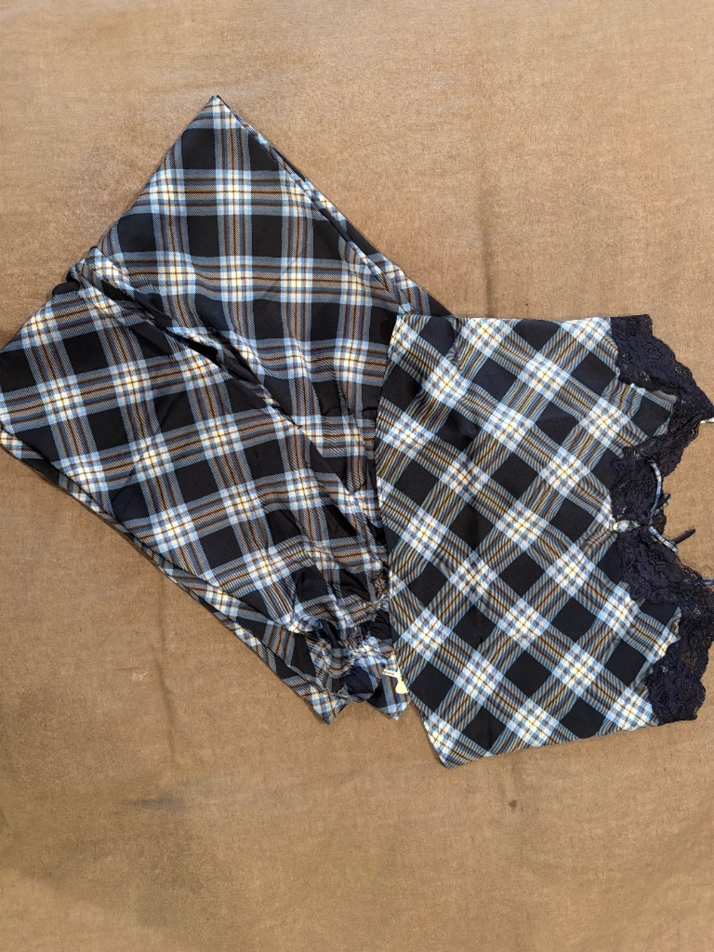 NWT Aerie Liquid Satin Navy Plaid Tank & Wide Leg Pants Set – M